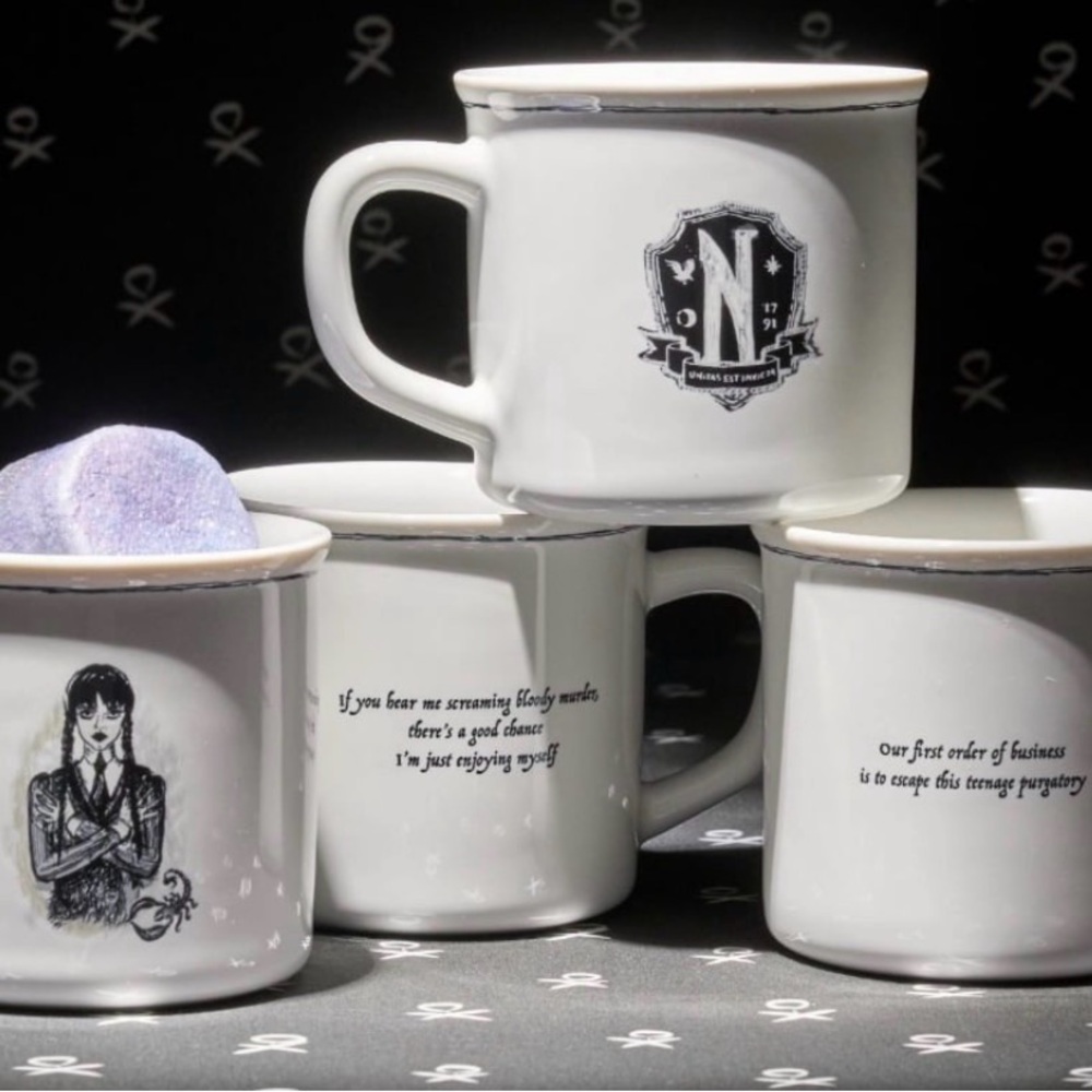 Pottery Barn Wednesday Addams, Nevermore ceramic mugs